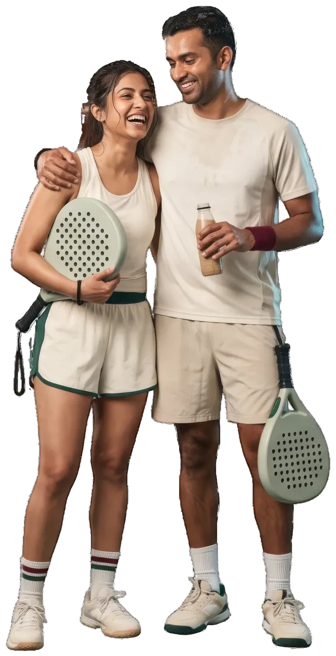 Two partners laughing, arm in arm after a game